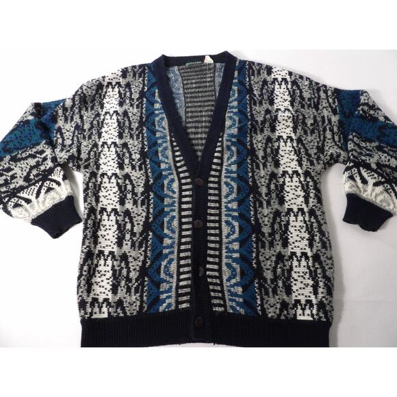 Vintage Stefano Man Cardigan Large Button Up Knit 90s Blue Black 3D Grandpa READ - Picture 3 of 11